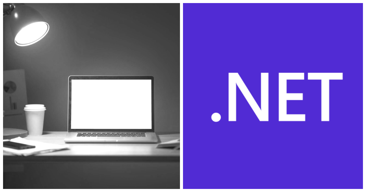 Black and white photo of a computer on the left, and the dotnet-logo on the right.